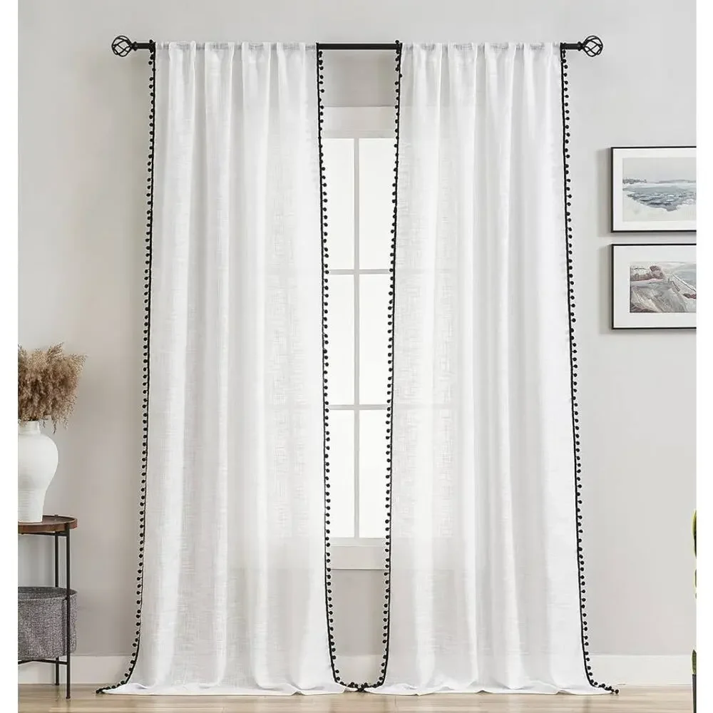VOILYBIRD Palma Pom Pom Curtains White W40xL84 Semi Sheer Wrinkle Free Set of 2